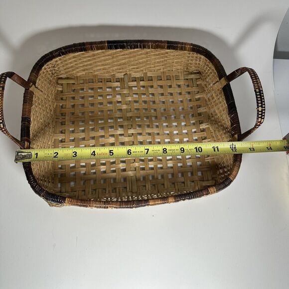 Vintage Hand Woven Tobacco Basket - Bamboo Storage Rectangle With Handles - Picture 6 of 7